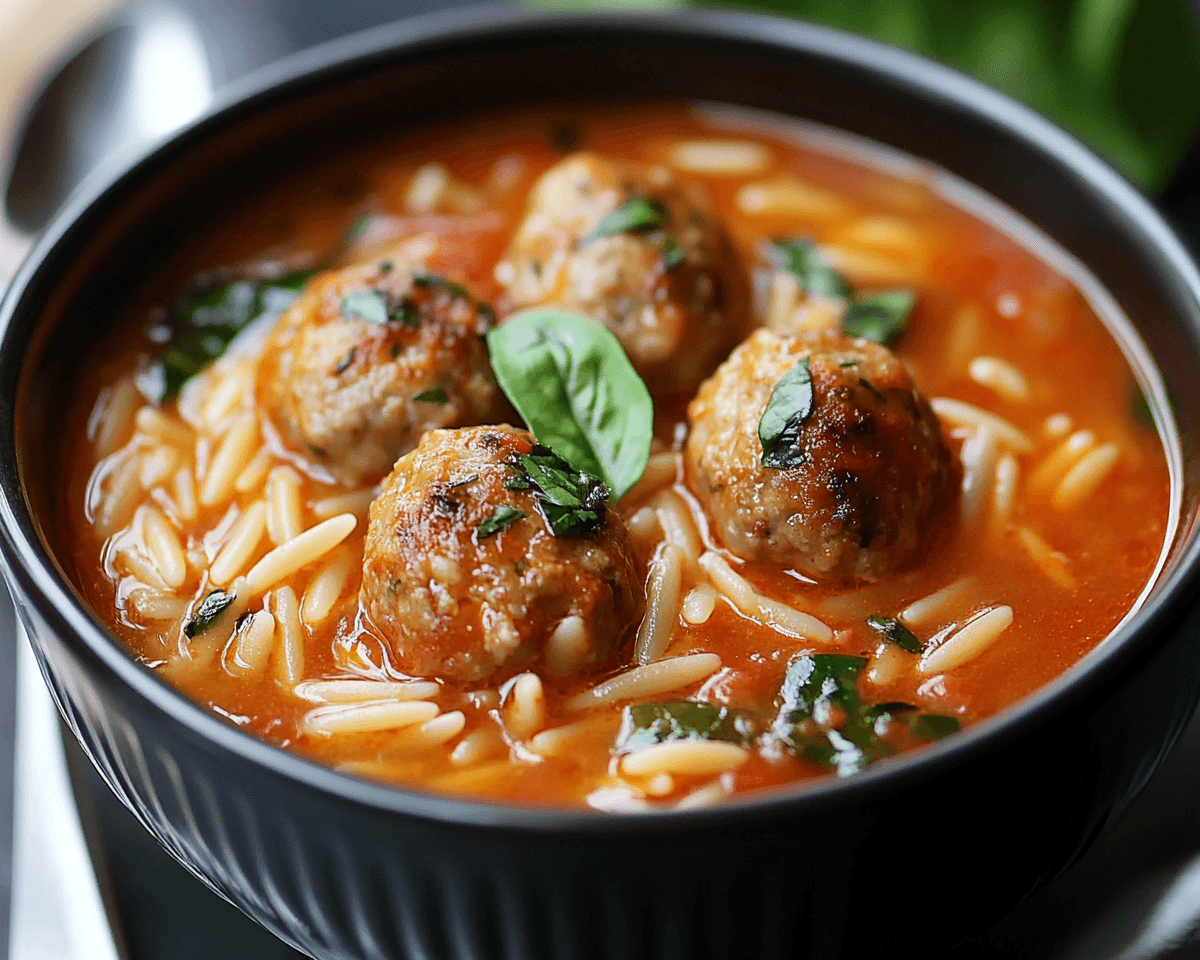 Creamy Tomato Orzo Soup with Mini Turkey Meatballs