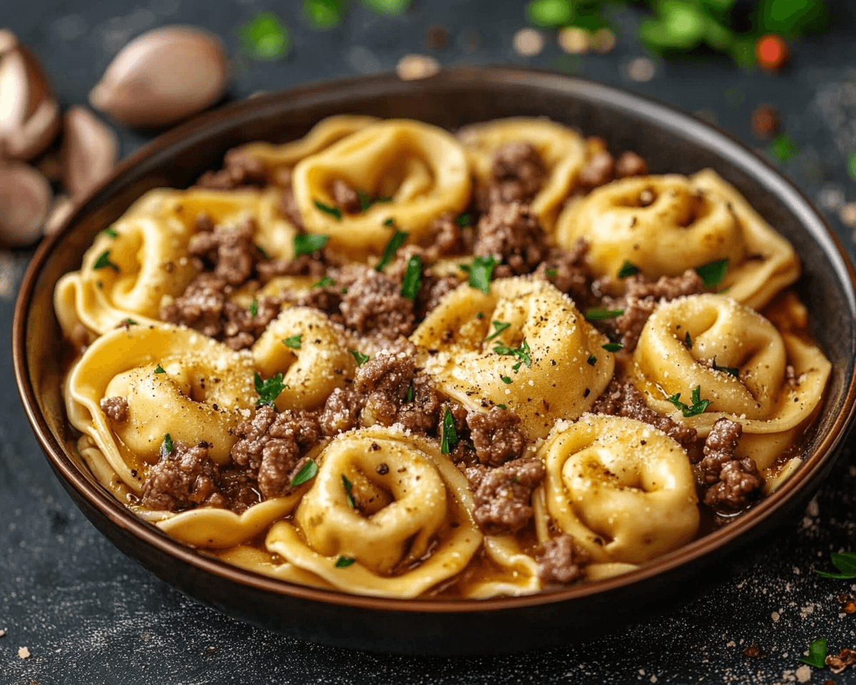 Garlic Parmesan Beef Tortellini Bake